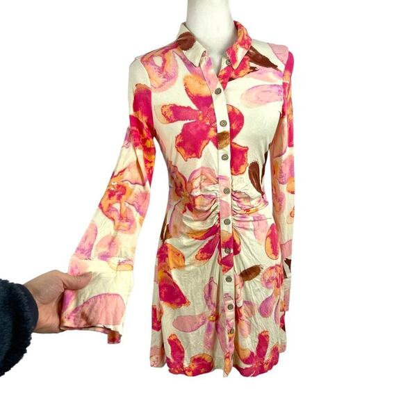 Free People Shayla Cream Floral Print Button Front Mini Dress Size Medium - Picture 5 of 15